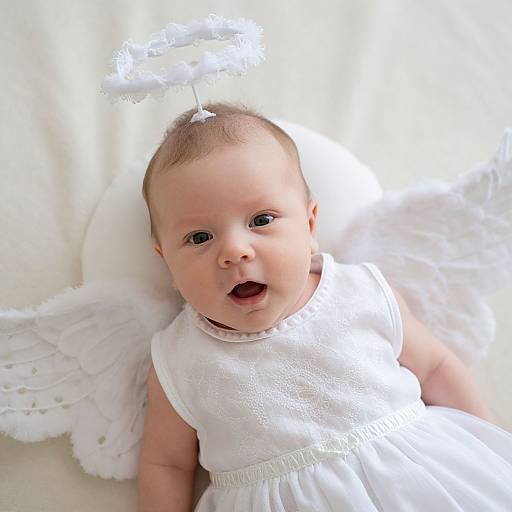 Photograph of a baby with fair skin, brown hair, and wide eyes, wearing a white angel dress and halo headband, lying on a white