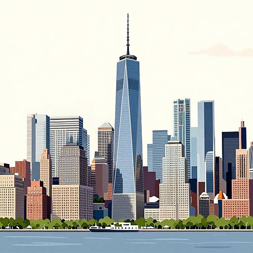 Digital illustration of New York City skyline featuring One World Trade Center, surrounded by various skyscrapers and a blue river in the foreground.