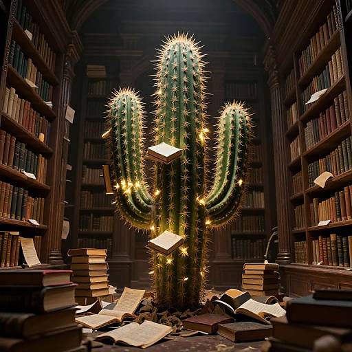 Colossal Cactus in Ancient Library