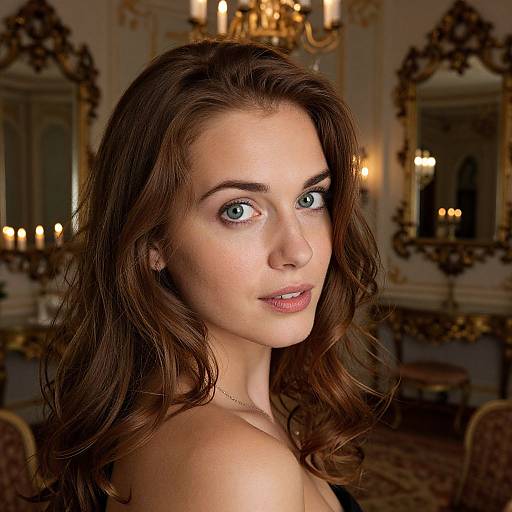 Photograph of a beautiful, young woman with blue eyes, wavy brown hair, and fair skin, looking over her shoulder in an elegant, dim