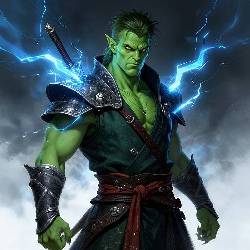 Digital art of a muscular, green-skinned orc with spiky black hair, wearing metal armor and a dark robe, surrounded by blue lightning. Int