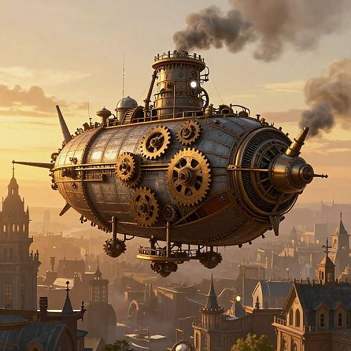 Steampunk airship with large gears and smokestacks flying over a Victorian cityscape at sunset, detailed CGI art.