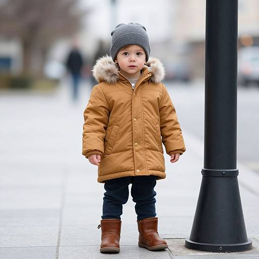 Photograph of a young child with light skin, wearing a tan winter coat, gray knit hat, and brown boots, standing by a black lampp