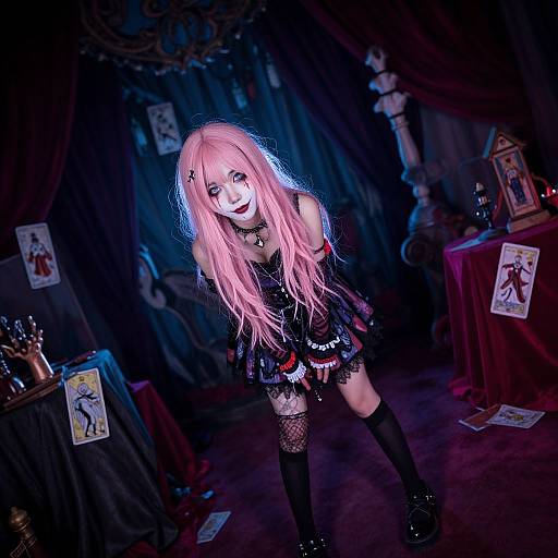 Photograph of a gothic girl with pink hair, white face paint, black dress, and stockings, leaning forward in a dimly lit, orn