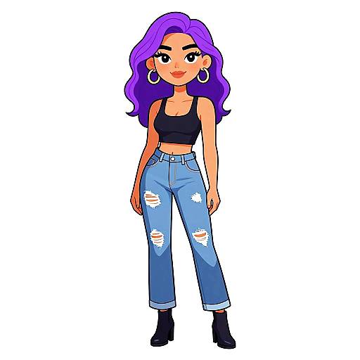 Digital cartoon of a confident woman with purple hair, wearing a black crop top, ripped blue jeans, black boots, and hoop earrings.