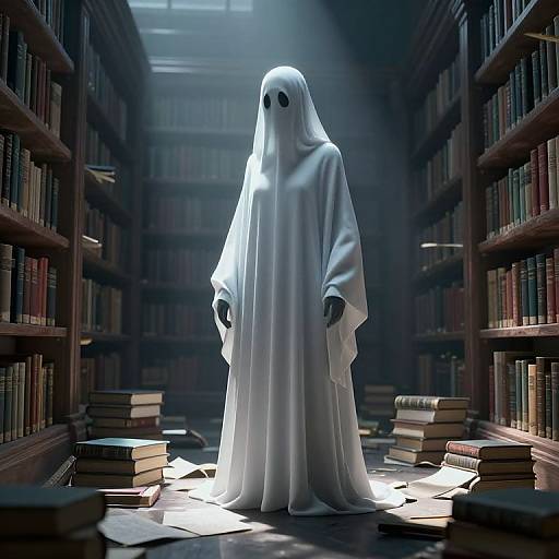 Ghostly Figure in Desolate Library