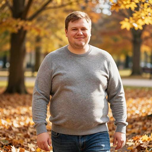 Photograph of a smiling, medium-build man with short brown hair, wearing a gray sweater and blue jeans, standing in a park with autumn leaves and