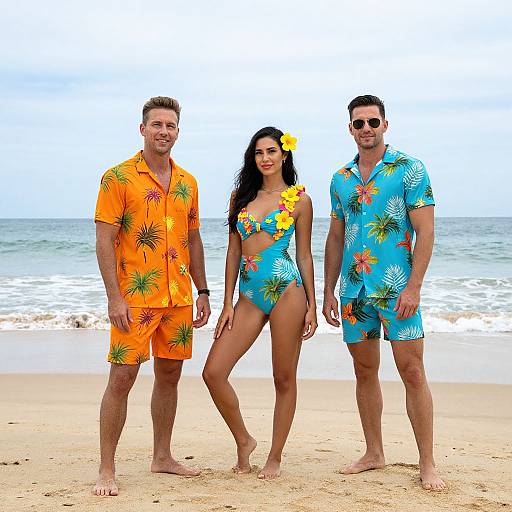Three adults in bright floral Hawaiian shirts and one in a bikini, standing on a sandy beach with ocean backdrop. Photograph.