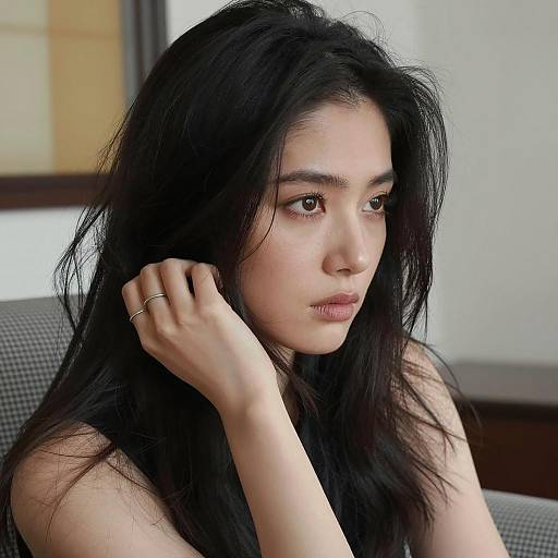 Pensive Woman with Long Black Hair