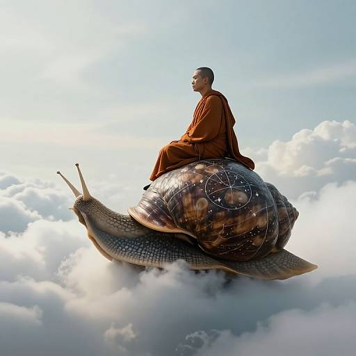 Photograph of a serene Buddhist monk in orange robes sitting on a large, detailed snail shell, floating above fluffy clouds.