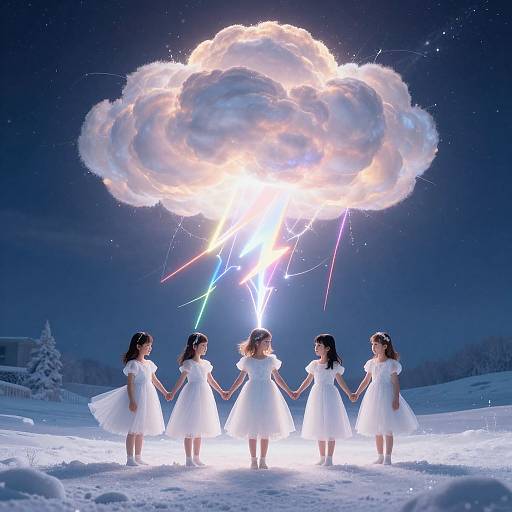 Photograph of five young women in white dresses holding hands, standing in snowy landscape, facing glowing, radiant cloud with colorful lightning bolts in night sky.