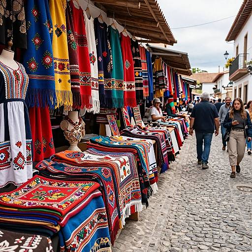 Photograph of vibrant, colorful textiles hanging outside a cobblestone street market, with shoppers browsing and passing by. Traditional embroidered fabrics in red, blue