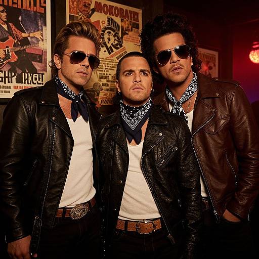 Photograph of three men in black leather jackets, white shirts, bandanas, and sunglasses, standing in front of vintage movie posters, exuding a