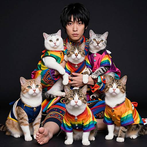 Photograph of an Asian person with black hair, wearing colorful rainbow attire, sitting cross-legged with five white and tabby cats, all dressed in rainbow