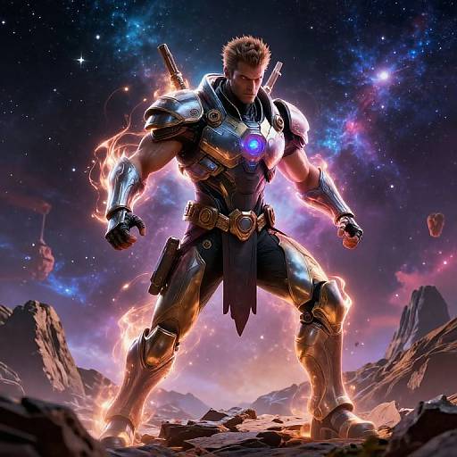 Photorealistic digital art of a muscular, armored superhero with glowing blue chest emblem, standing on rocky terrain, surrounded by cosmic stars and nebulae