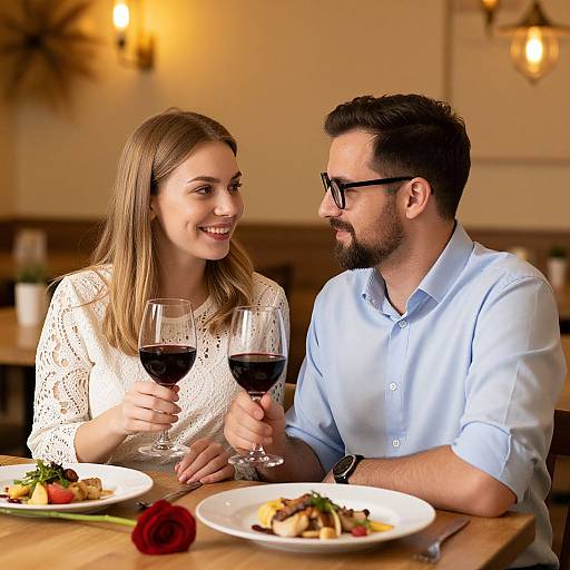 Photograph of a smiling couple with light brown hair and beards, holding glasses of red wine, seated at a wooden table with dinner plates in a