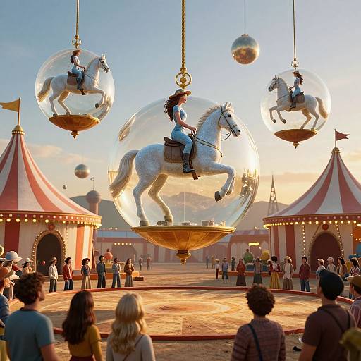 Photograph of a circus scene at sunset, featuring three suspended glass spheres with white horses and riders, surrounded by colorful tents and a crowd of spectators.