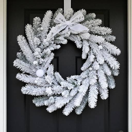Photograph of a white, frosted pine wreath with a large bow, hanging on a black door. Contrasting textures and colors.