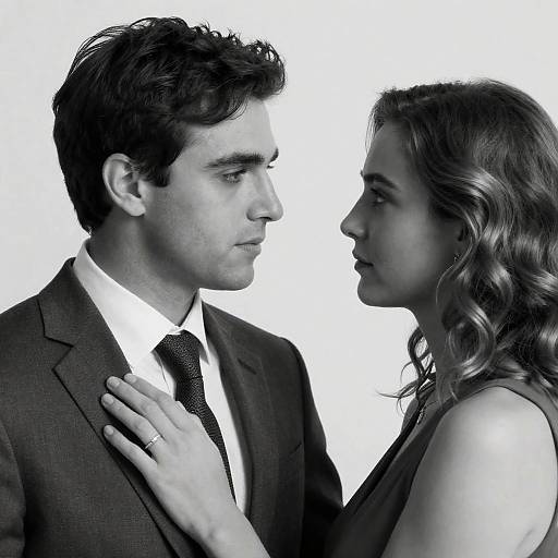 Black-and-white photograph of a serious, dark-haired man in a suit, gazing at a wavy-haired woman in a sleeveless dress, her