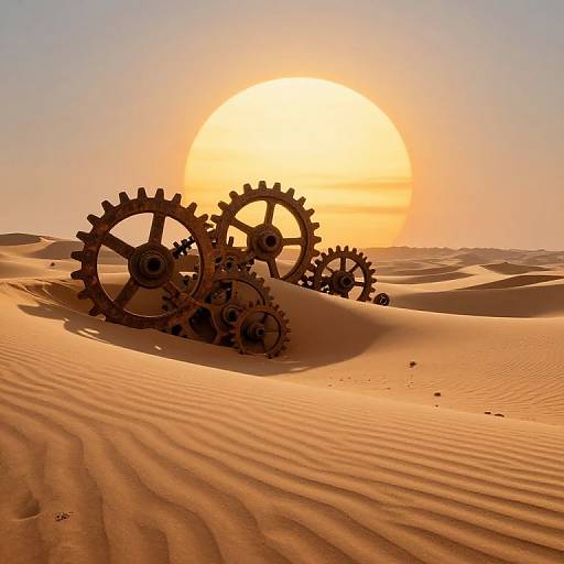 Photograph of large, dark, metal gears partially buried in golden-orange desert sand dunes, with a bright, setting sun in the clear sky.