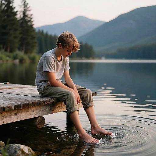 Photograph of a young blonde boy in a gray t-shirt and rolled-up khaki pants, sitting on a wooden dock, dipping his feet in a