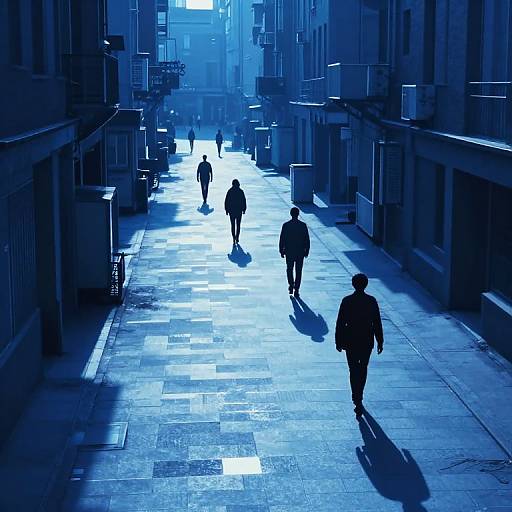 Photograph of a dimly lit urban street in blue monochrome, featuring four silhouetted figures walking, casting long shadows along the pavement.