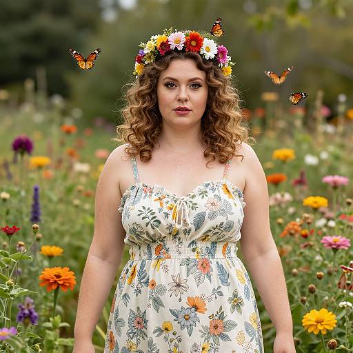 Photograph of a curvy, fair-skinned woman with curly brown hair, wearing a floral dress and flower crown, standing in a vibrant meadow