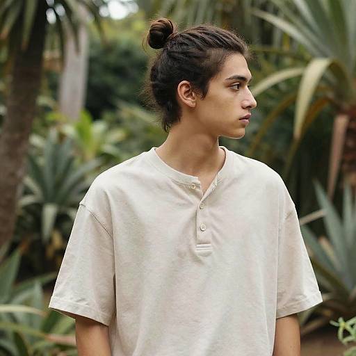 Photograph of a young man with medium skin tone, dark hair in a bun, wearing a white short-sleeve henley shirt, standing in