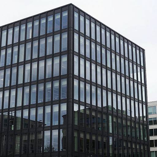 Photograph of a modern, glass-paneled office building corner with dark metal frames, reflecting neighboring structures against a white sky.