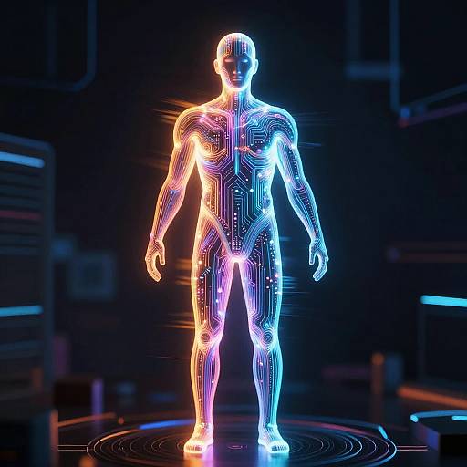 Neon-lit, futuristic CGI of a male human silhouette with glowing blue and orange circuitry lines, standing on a circular, illuminated platform in a
