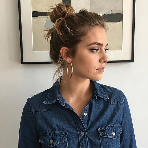 Young Woman in Denim Shirt Looking Right