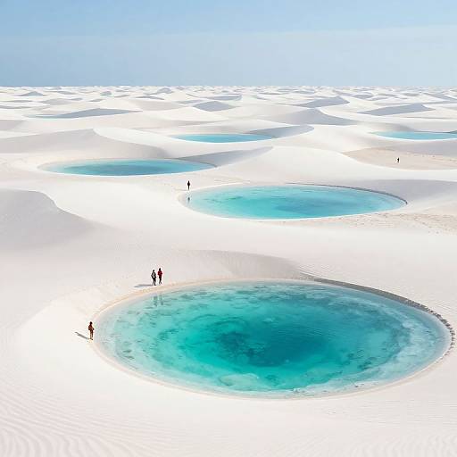 Photograph of a surreal landscape with three large, circular, turquoise water pools scattered across a vast, white, undulating sand desert under a clear blue