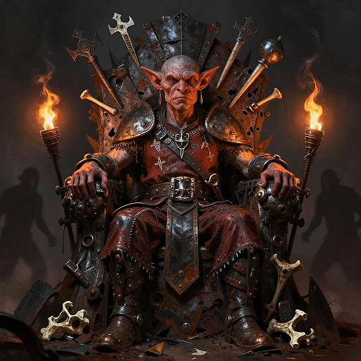 Digital art of an elderly, bald, elf-like figure with pointed ears, sitting on a throne adorned with swords and crosses, flanked by burning torch