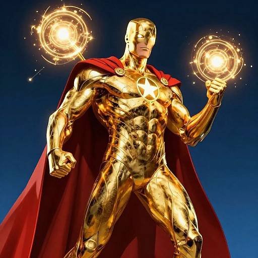 Golden, muscular superhero with red cape, holding glowing magical orbs, standing against a dark blue background. CGI illustration.