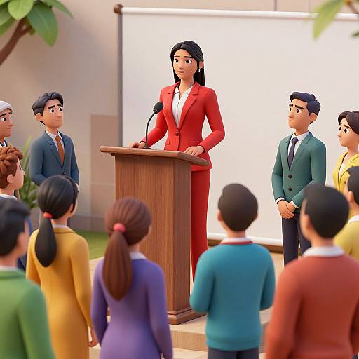 CGI image of a confident woman in a red suit speaking at a wooden podium in front of a diverse group of business-casually dressed people in