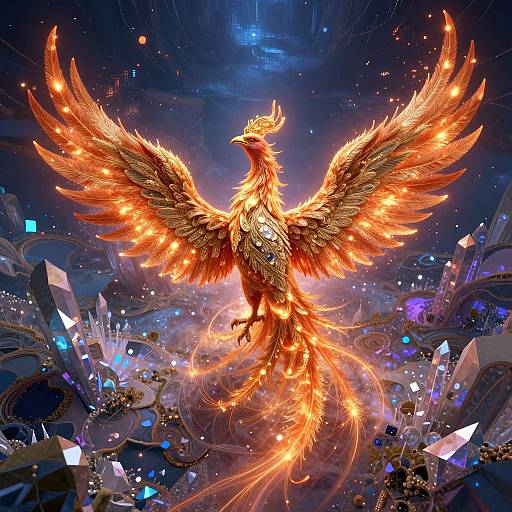 Digital artwork of a radiant, fiery phoenix with glowing orange wings and tail, surrounded by glowing crystals and a futuristic, starry background.