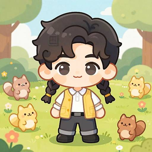 Chibi-style digital drawing of a cute boy with black hair in braids, yellow vest, white shirt, and gray pants, standing in a sunny