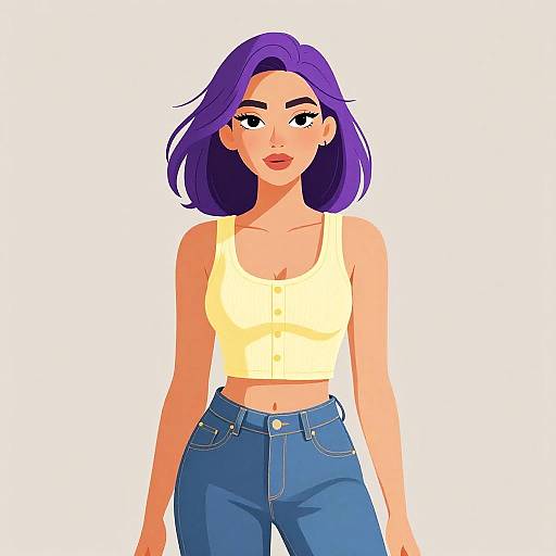 Digital illustration of a confident woman with purple hair, wearing a yellow crop top and blue high-waisted jeans, against a white background.