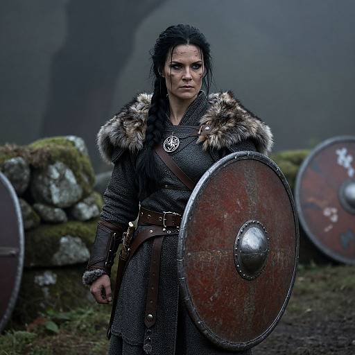 Photograph of a fierce, dark-haired woman in medieval Viking armor with fur trim, holding a metal shield, standing in a misty, mossy