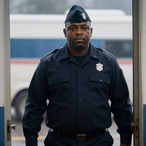 Security Guard in Uniform Standing in Doorway