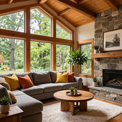 Cozy living room with large wooden-framed windows, gray sectional sofa, yellow and orange pillows, stone fireplace, wooden ceiling, round coffee table,