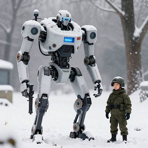 Robot and Boy Soldier in Snowy Winter Scene