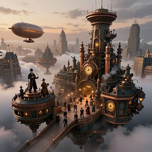 Steampunk cityscape at sunset: ornate clock tower, airships, fog-covered skyscrapers, silhouetted figures on a bridge