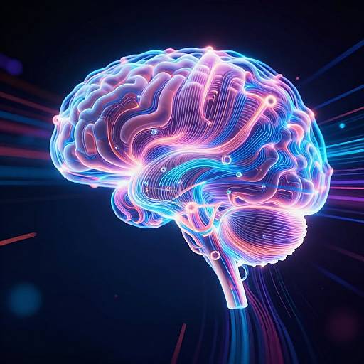 Neon-lit, glowing brain illustration with vibrant blue, pink, and purple lines outlining the brain's intricate structure against a dark, starburst background