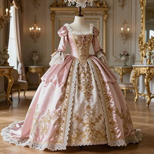 Photograph of an elaborate, pink satin ball gown with gold embroidery and lace trim, displayed on a mannequin in an opulent, vintage-style