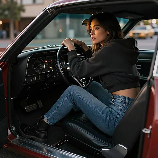 Cinematic Shot of Stylish Woman in Car