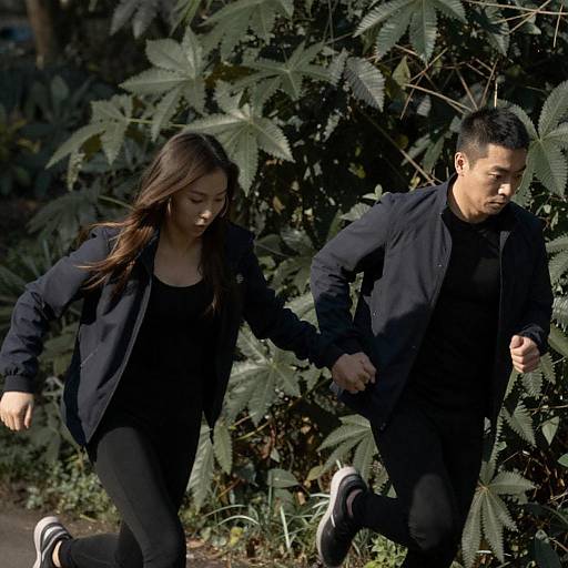 Dynamic Duo Running Through Lush Foliage