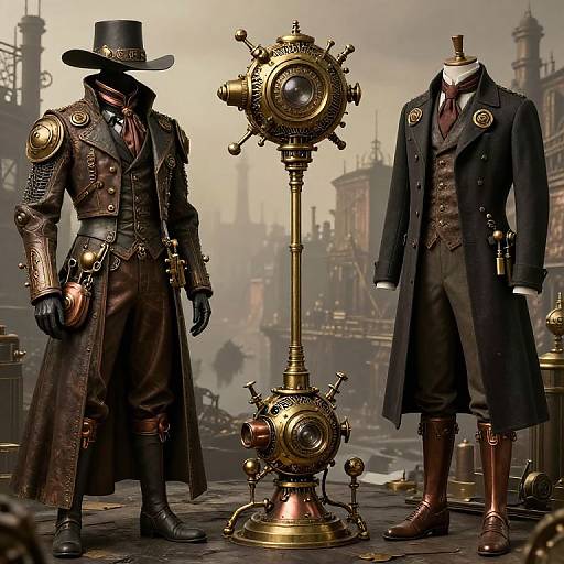 Steampunk-themed CGI image: Two headless, Victorian-era figures in dark coats, gloves, and top hats, standing around a brass clockwork
