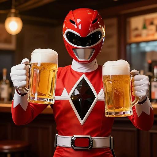 Photograph of a person in red superhero costume with black mask, white gloves, holding two foamy beer mugs, in a dimly lit bar