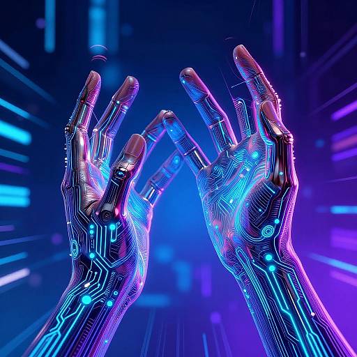 Photograph of futuristic, glowing cybernetic hands with neon blue and purple circuitry patterns, set against a vibrant, digital blue background.